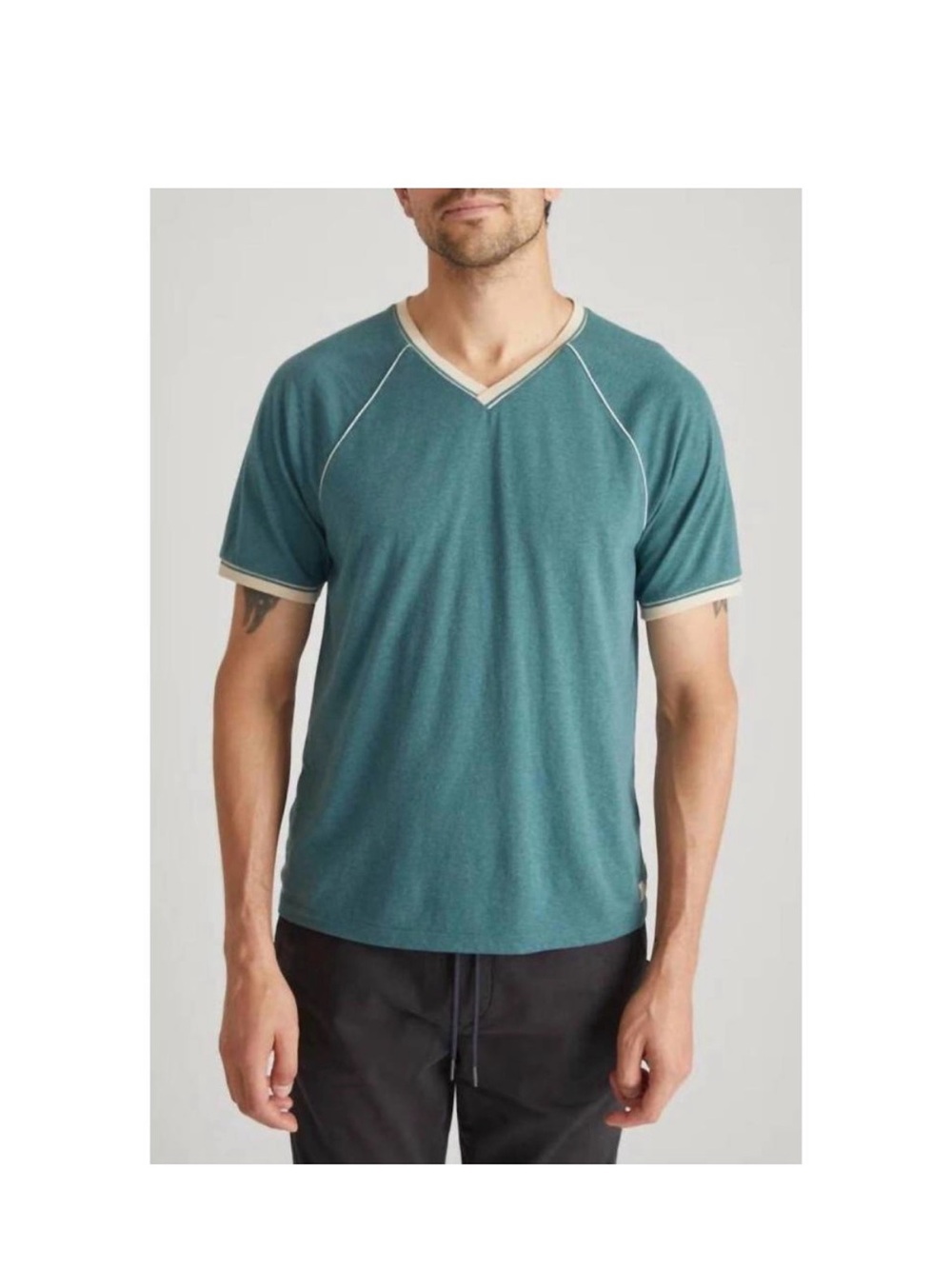 Marine Layer Teal V-Neck Short Sleeve Shirt with Cream Trim